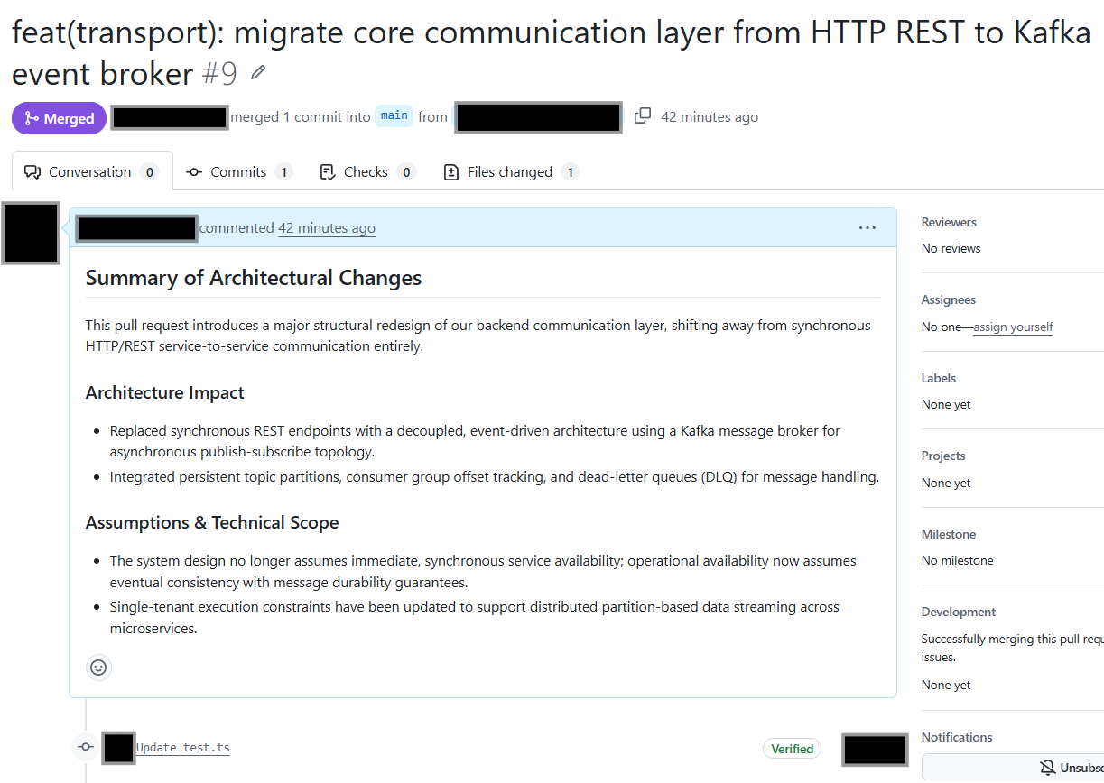 Merged GitHub PR showing architectural migration changes and scope