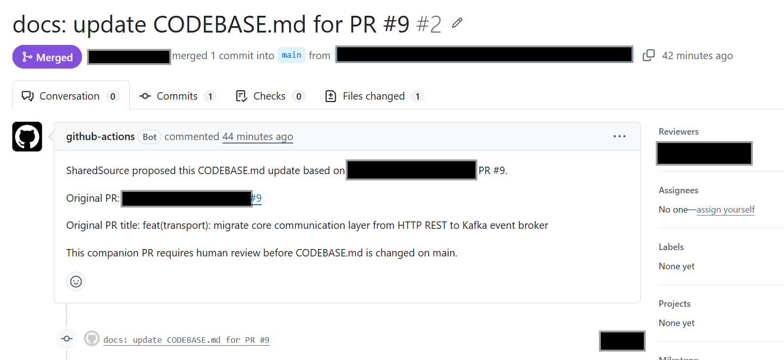 SharedSource GitHub PR approval interface showing a companion PR requesting human review